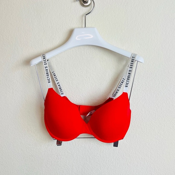 Victoria’s Secret Red & White Logo Strap T-Shirt Lightly Lined Demi Bra - Picture 1 of 10